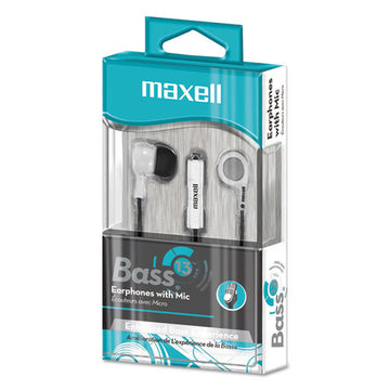 Maxell® B-13 Bass Earbuds With Microphone, White, 52" Cord freeshipping - TVN Wholesale